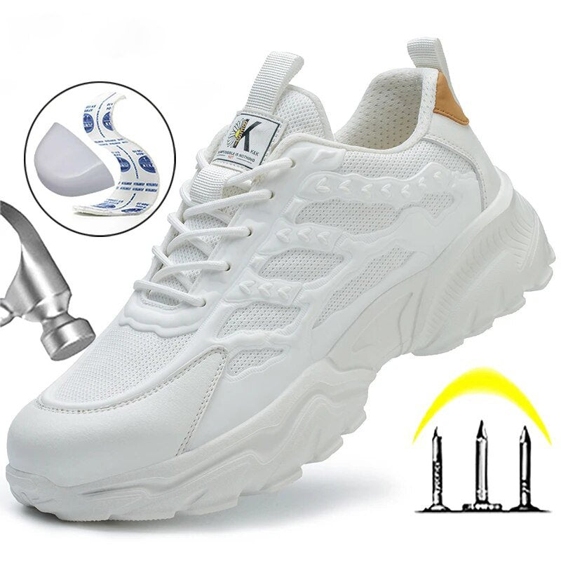 Men's white safety shoes, steel toe work shoes, anti-smashing and anti-puncture men's sports shoes