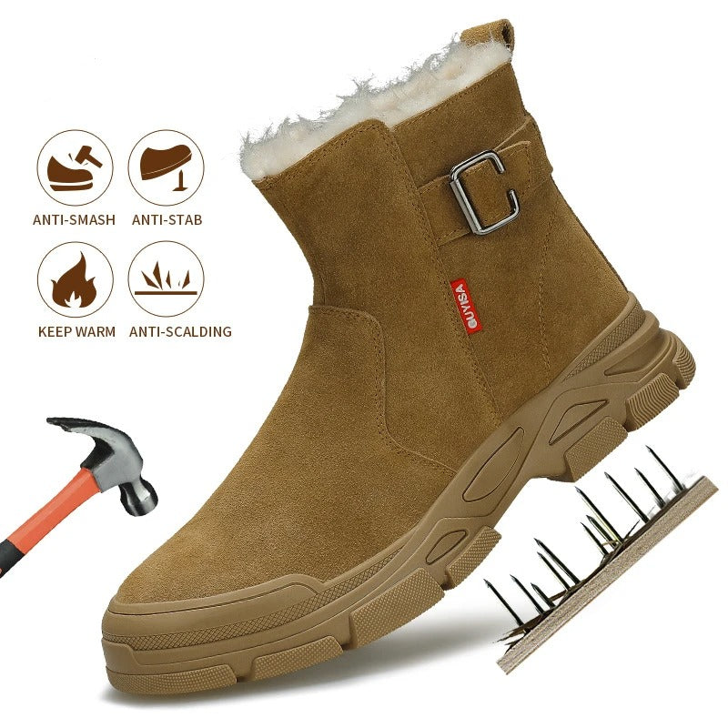 Cow suede fleece lined safety boots, steel toe, puncture proof.