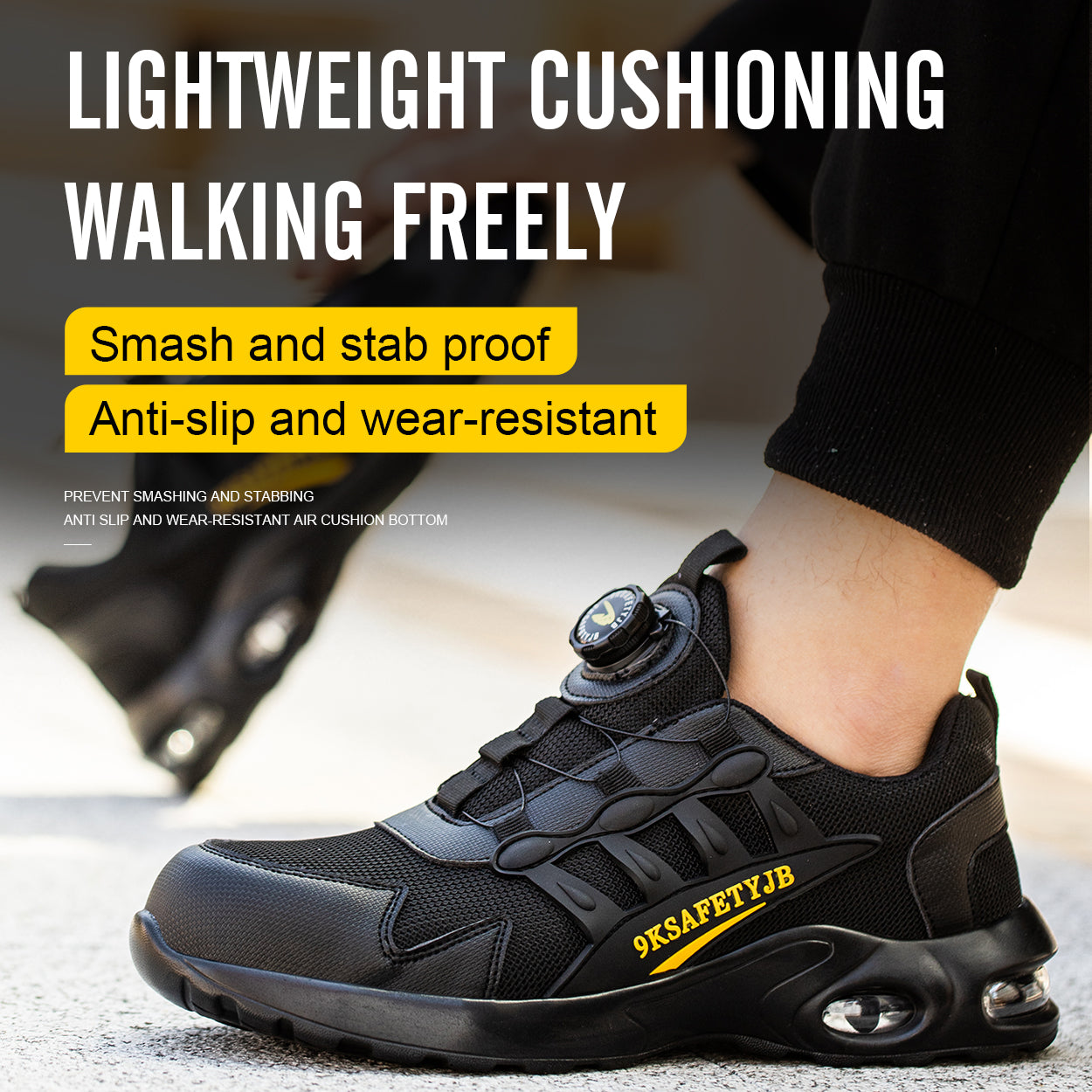 Safety shoes with rotating buckle and Air Cushion